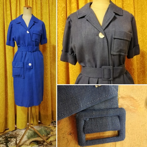 Vintage retro blå klänning linne/bomull stora knappar kort arm fickor