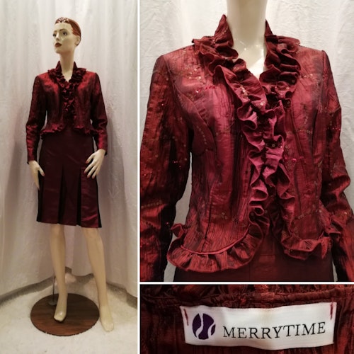 Retro 80-tal dress, kjol och jacka Merrytime djupröd med paljetter