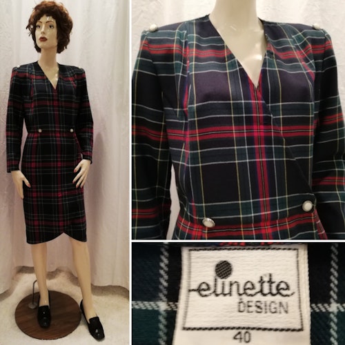 Retro 80-tal Elinette skotskrutig omlottknäppt klänning axelvaddar