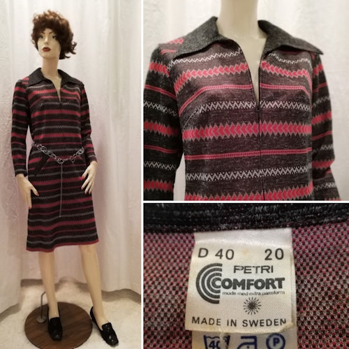 Vintage retroPetri Comfort randig trikå-klänning i grått cyklamen 60-tal 70-tal