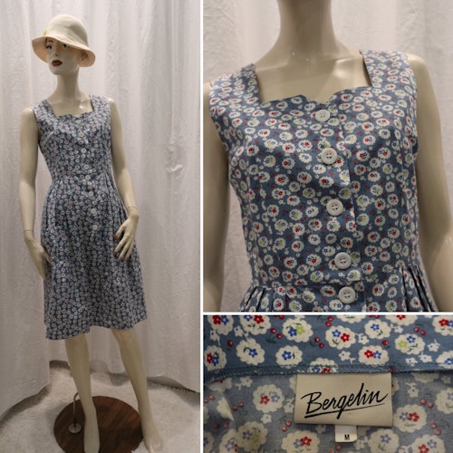 Bomullsklänning Bergelin blå-blommig fickor vid kjol vintage-stil