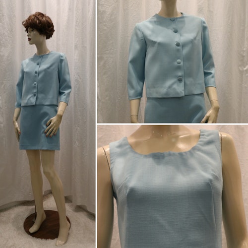 Vintage retro dräkt fodralklänning med kort jacka bolero i ljusblått 60-tal
