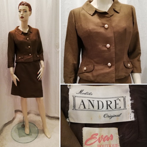 Vintage dräkt kjol och dräktjacka, bronsbrun thai-siden Modele André 60-tal