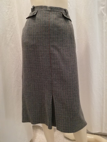 Vintage retro kjol ull/Polyester rutig i grå gröna toner längre rak sidfickor