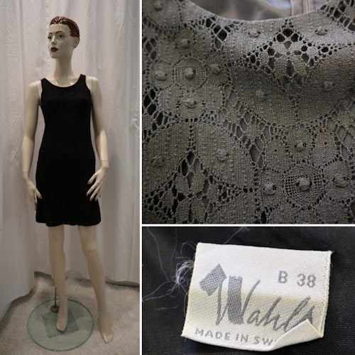 Vintage retro smal svart fodrad spetsklänning Wahls 60-tal 70-tal