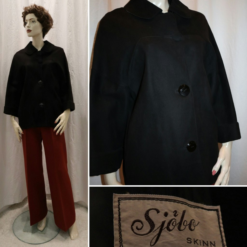 Vintage retro svart kappa jacka kortare vida armar Sjöbo Skinn 60-tal  50-tal - Vintage Corner Österlen
