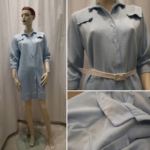 Vintage retro ljusblå skjortblusklänning i bomulls-jersey lång arm