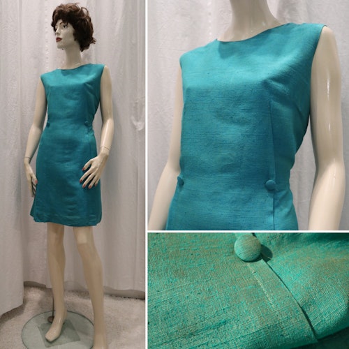 Vintage retro turkos-blå-grön thai-siden klänning cocktail-klänning 60-tal
