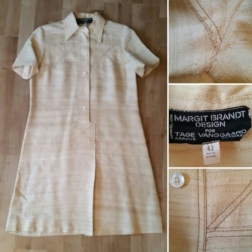 Retro vintage skjortklänning beige shantung Margit Brandt 70-tal