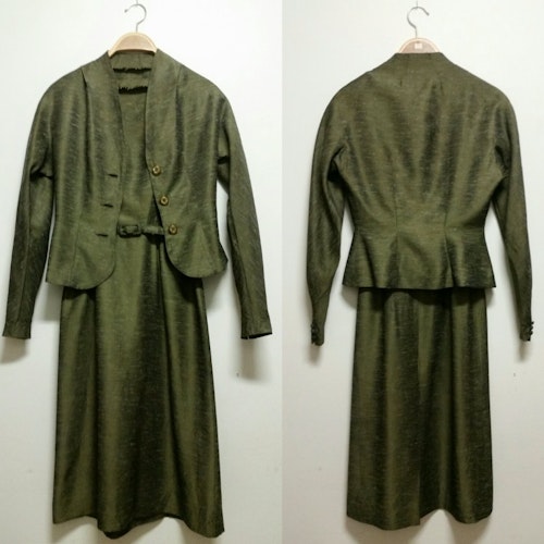 Retro vintage grön thaisiden-dress klänning och dräktjacka ca 5060-tal