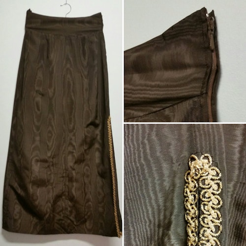 Retro brun långkjol med slits och guldband