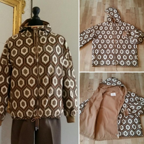 Retro vintage jacka typ anorak med huva blixtlås fram brun-mönstrad 5060-tal