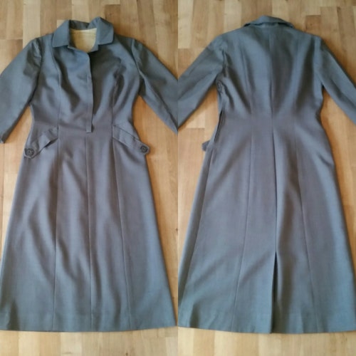 Retro vintage grå klänning i stadig bomull med pennsmal kjol, 60-tal