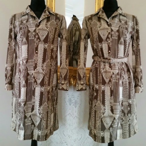 Retro brun och vit skjortklänning, 70-tal