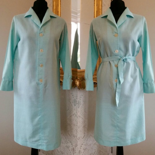 Retro turkosblå skjortklänning tunnare med skärp, 6070-tal