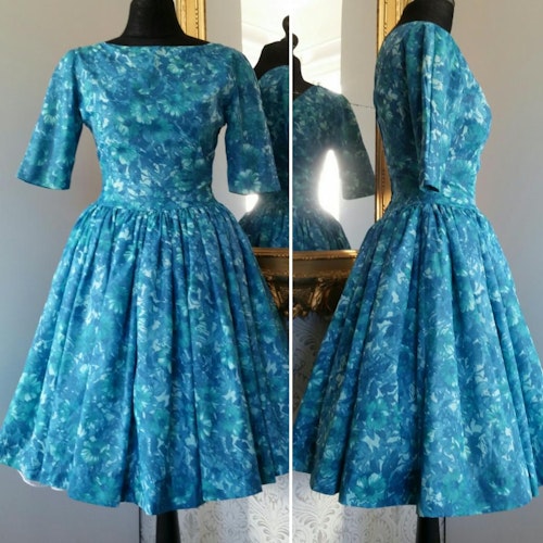 Vintage retro turkosgrön blommig klänning Fasilko50-tal 60-tal