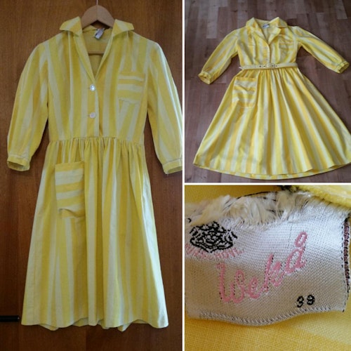 Retro vintage klänning solgul randig bomullsklänning 5060-tal