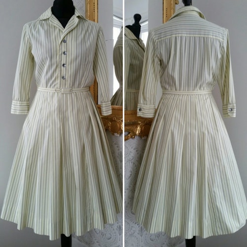 Retro vintage bomullsklänning randig grå-gul vid kjol 50-tal
