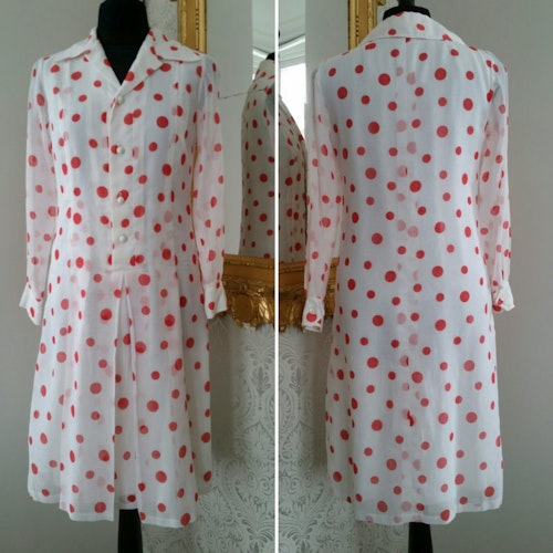 Retro vintage rödprickig skjortblus-klänning tunn bomull 6070-tal