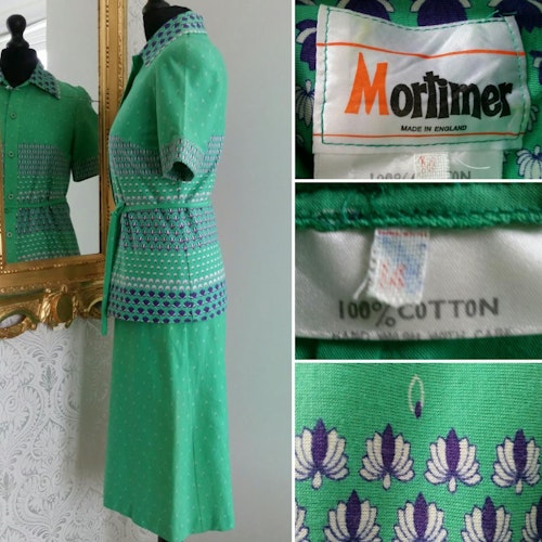 Retro grön tunika t-shirt bomull med lila mönster 7080-tal