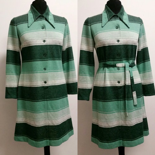 Retro vintage grönrandig tvärrandig klänning syntet/ull lång arm, 70-tal