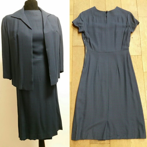 Retro vintage dress dräkt blå-grön-lila snäv klänning och jacka 60-tal