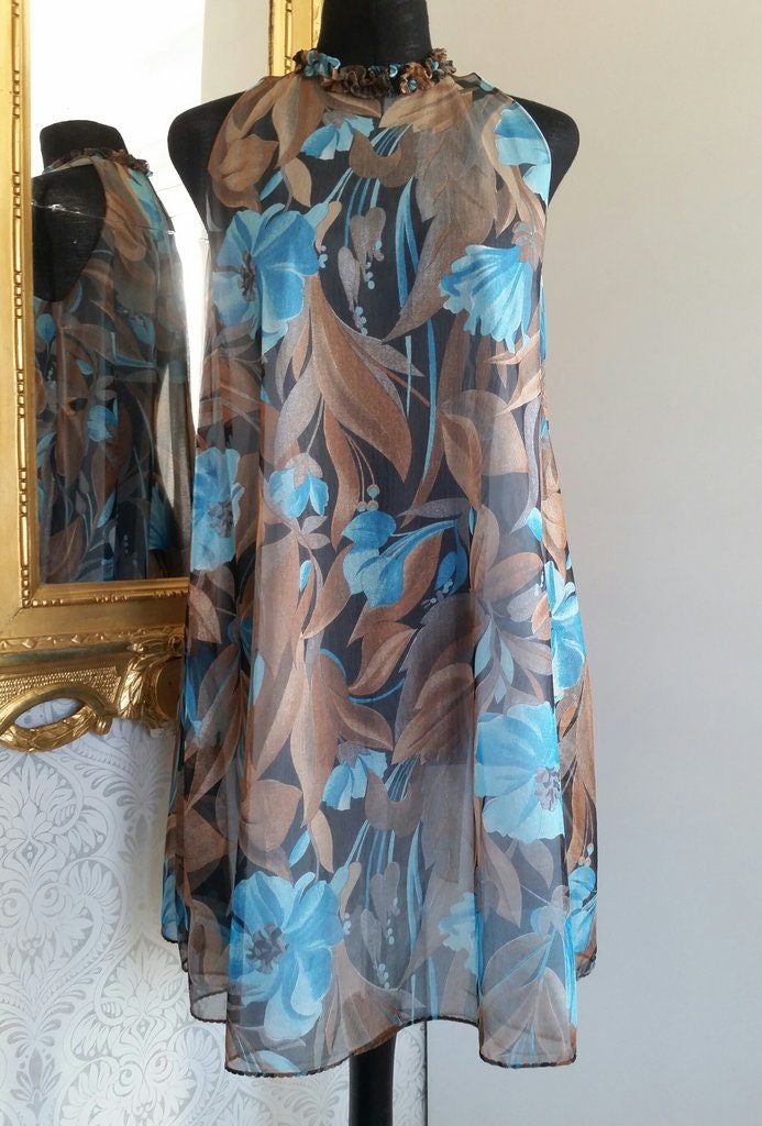Vintage turkos och bronsfärgad kort klänning med kråskant, 60-tal A- linjeformad - Vintage Corner Österlen