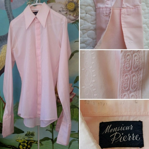 Vintage retro rosa skjorta med broderier och breda manschetter 70-tal