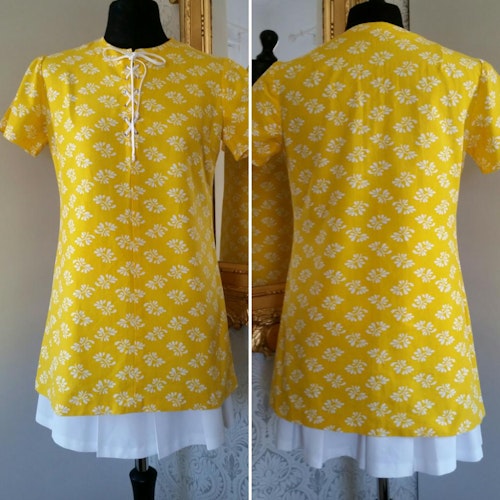 Retro vintage gul tunika eller kortkort klänning bomull med snörning 70-tal