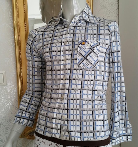 Retro herrskjorta trikåskjorta vit med blå rutor Tumba, arbetsskjorta 70-tal