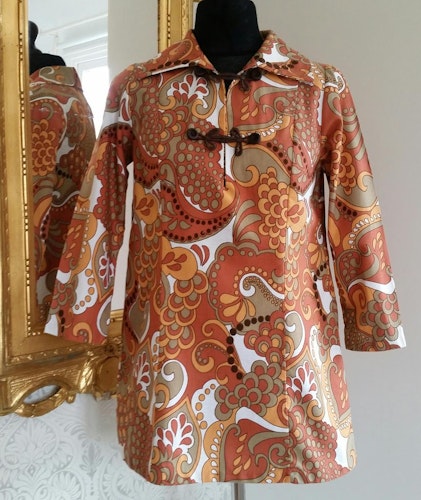 Retro brun orange mönstrad tunika bomull snörmakerier 70-tal 60-tal