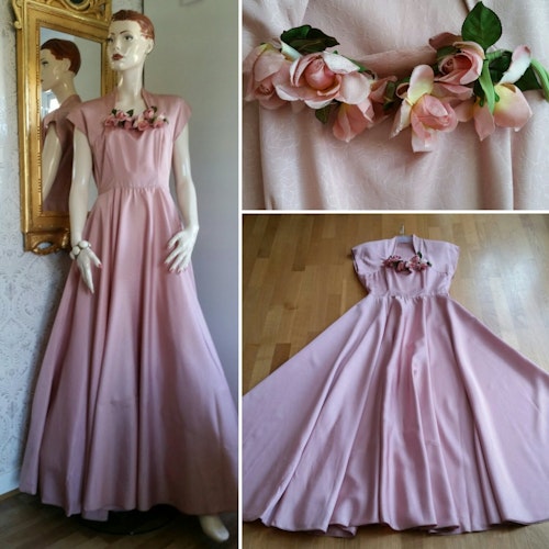 Vintage rosa balklänning 50-tal med rosor i ringningen fullcirkel-kjol