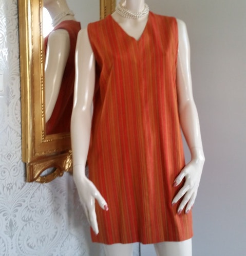 Retro orangerandig kort klänning bomull strömma textil 60-tal 70-tal