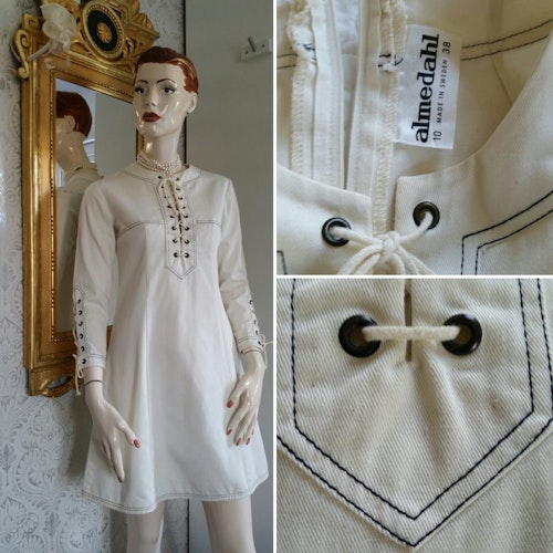 Retro vintage Almedahl naturvit klänning grov bomull snörningar 60-tal 70-tal