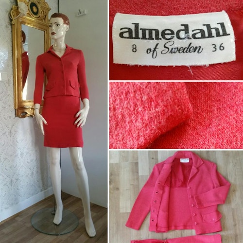 Vintage hallonröd dräkt Almedahls jersey kjol och dräktjacka 60-tal