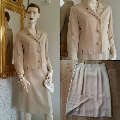 Vintage beige siden-dräkt kjol kavaj Molstad Oslo 60-tal