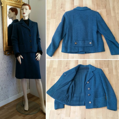Vintage petrol-blå dräkt jacka och smal kjol ull 50-tal 60-tal