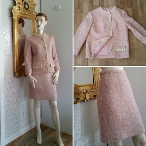 Vintage rosa dräkt bouclé dräktjacka och kort snäv kjol 60-tal