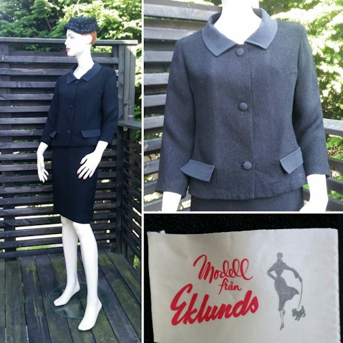 Vintage svart 60-tals-dräkt med kavaj och snäv kjol