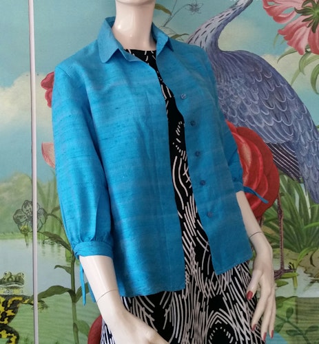 Vintage turkosblå blus eller jacka thaisiden shantung, 60-tal 70-tal
