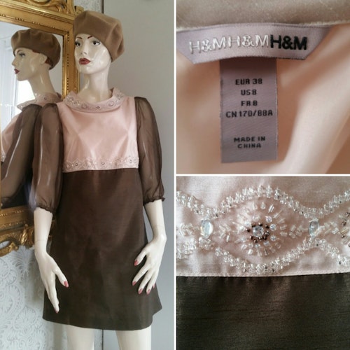 Klänning i 60-talsstil från HM rosa brun med pärlbroderier chiffong-armar