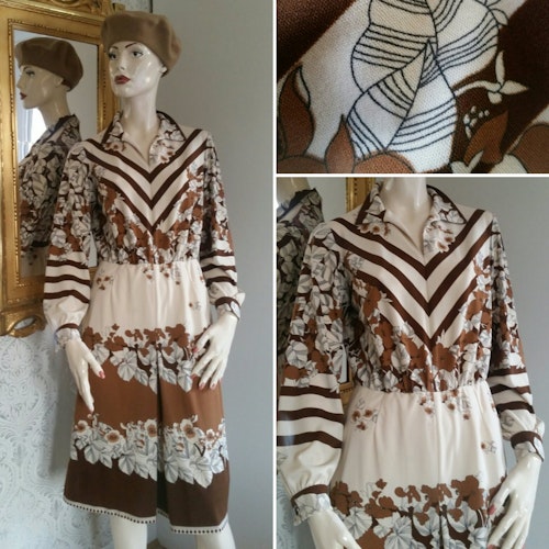 Vintage retro brun-beige mönstrad klänning lång arm syntet 70-tal