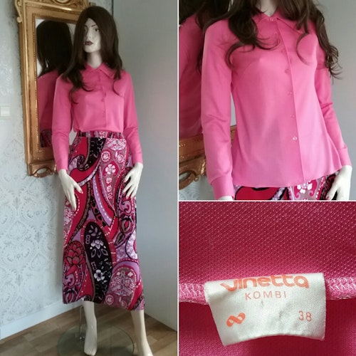 Vintage retro rosa syntetblus skjorta Vinetta lång arm, 60-tal 70-tal