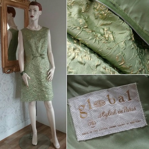 Vintage coctailklänning pistagegrön och guld figursydd Global Paris  60-tal
