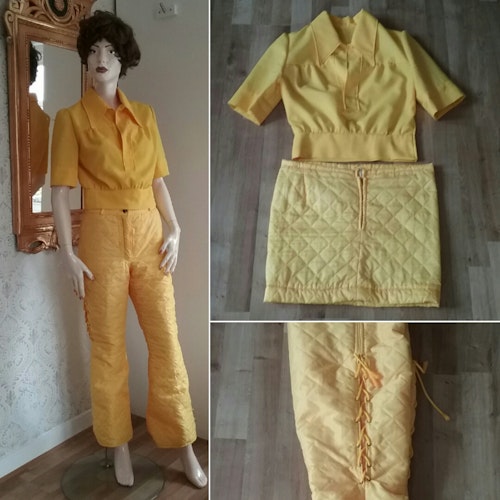 Vintage gul dress, byxor kjol quiltade, blus i syntet 70-tal