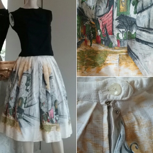 Vintage vid kjol grov bomull novelty print mönstrad grått mm 50-tal 60-tal