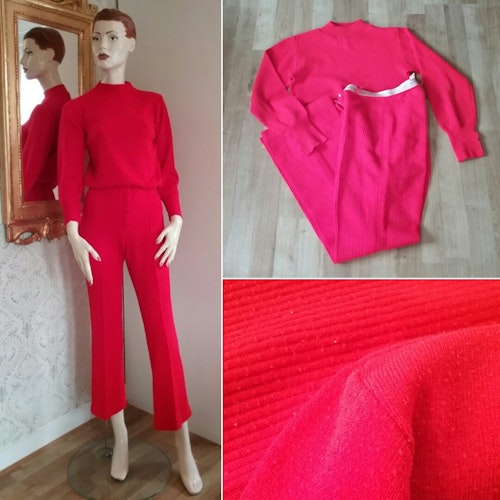 Retro akryl-dress röd byxor och jumper fritidsdress mysdress 70-tal 60-tal