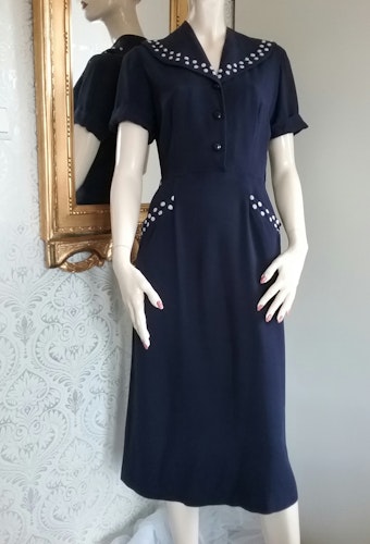 Vintage Abeve blå bomullsklänning smal kjol tidigt 50-tal