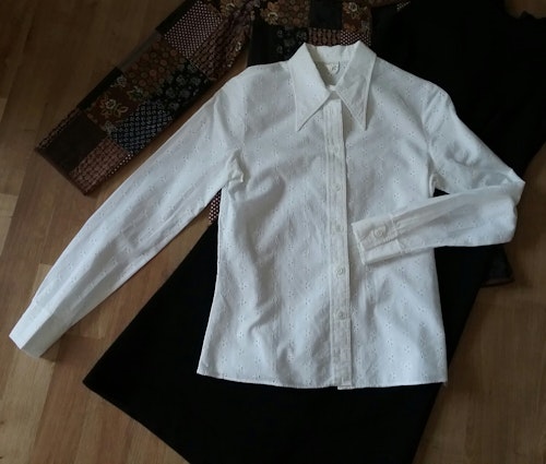 Vintage retro vit brodyrblus skjorta Mac Scott lång arm 70-tal
