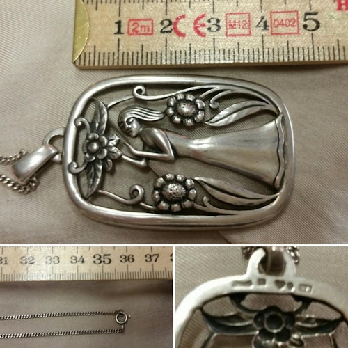 Retro bijouteri smycke halsband med hänge silverfärgat motiv flicka